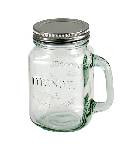 Grant Howard Mason Classics Vintage Glass Jar Mug, Metal Emboss Top, 16 Ounces, Food Storage Canning Container, Clear