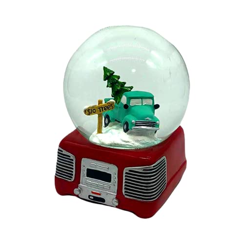 Comfy Hour Joyful Holiday Collection Blue Truck with Trees to Sell Sign and Vintage Recorder Design Snow Globe, Musical Waterglobe, Winter Decoration, Ceramic