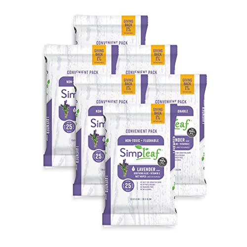 Simpleaf Brands Flushable Wet Wipes | Eco- Friendly, Paraben & Alcohol Free | Hypoallergenic & Safe for Sensitive Skin | Soothing Aloe Vera Formula with Lavender Scent | (25-Count) 6 Pack