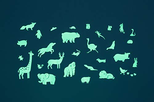 GLOPLAY Animal Series(29 pcs/Pack), Glow in The Dark Educational Wall Stickers, The Eco-Friendly and Brightest Wall Stickers for Ceiling, Bathtime, Bedroom, Party, Decor, Made in Japan