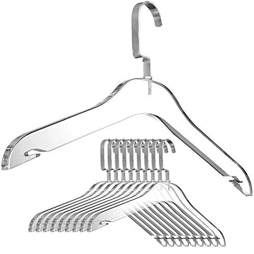 Clear Acrylic Clothes Hangers - 10 Pack Stylish and Heavy Duty Closet Organizer with Silver Chrome Plated Steel Hooks - Non-Slip Notches for Suit Jacket, Sweater, Blouse, and Dress - by Designstyles