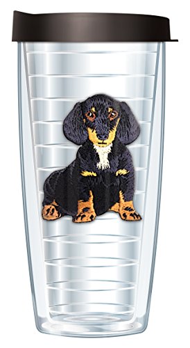 Freeheart Signature Tumblers Dachshund Puppy Dog Emblem on Clear 16 Ounce Double-Walled Travel Tumbler Mug with Black Easy Sip Lid