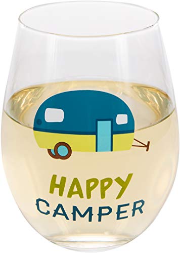 Pavilion Gift Company 18 Oz Stemless Wine Glass Happy Camper, Green