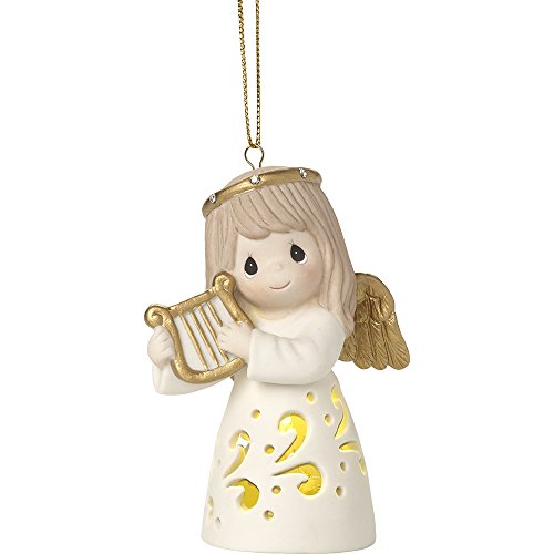 Precious Moments Make Sweet Melody LED Lighted Angel With Harp Bisque Porcelain Ornament 171026