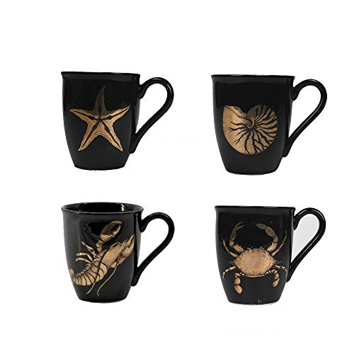 Comfy Hour Ocean Voyage Collection 15oz Ocean Crab Lobster Conch Starfish Pattern Mug Water Cup Set of 4, Dolomite