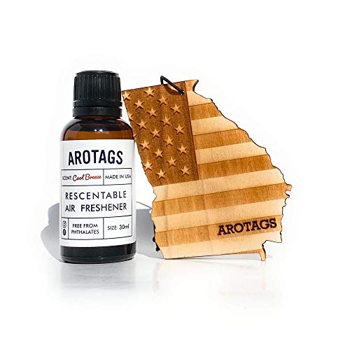 Arotags Georgia Patriot Wooden Car Air Freshener - Long Lasting Cool Breeze Scent Diffuses for 365+ Days - Includes Hanging Mirror Diffuser and Fragrance Oil - 100% American Made