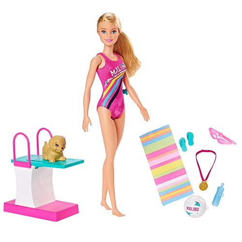 Mattel Barbie Dreamhouse Adventures Swim 'n Dive Doll, 11.5-Inch, in Swimwear, with Swimming Feature, Diving Board and Puppy, Gift for 3 to 7 Year Olds