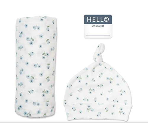 Mary Meyer lulujo Birth Announcement Hat & Swaddle Blanket Set| Unisex Softest Bamboo Muslin Baby Swaddle Blanket| Receiving Blanket | 47in x 47in| Bamboo Knot Hat | Hello! Birth Announcement Sticker Blueberries