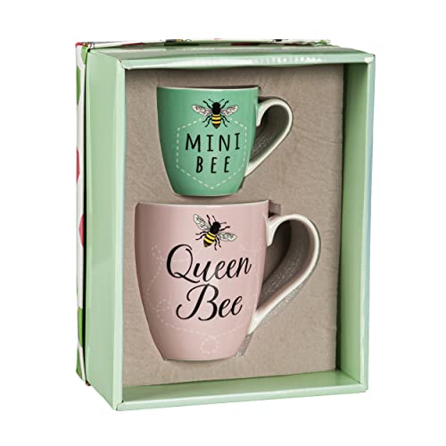 Evergreen Cypress Home Queen Bee Mini Bee Mommy and Me Ceramic Cups | Gift Set of 2 | Maternity Mothers Day Gift | Ceramic Coffee Hot Chocolate Milk Mugs | Gift Box Included