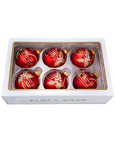 Kurt Adler 80 Mm Red with Music Notes Glitters Balls 6 Pieces