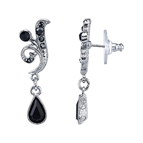 1928 Jewelry Black And Hematite Color Crystal Vine Drop Earrings