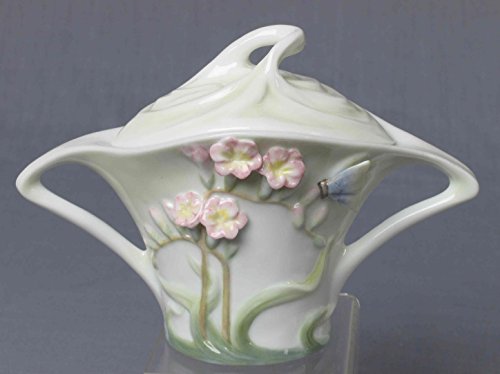 Unicorn Studio US 6 Inch Glazed Porcelain Pink Freesia Sugar Jar with Blue Butterfly