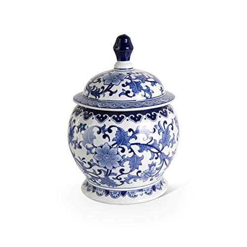 K&K Interiors 15908A 14.25 Inch Ceramic Royal Blue and White Lidded Ginger Jar