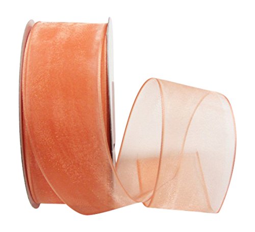 Ribbon Bazaar Sheer Organza Wired Ribbon - 100% Polyester Wire Edged Ribbon for Floral Decor, Table Arrangements, Apparel Embellishment & More - 1-1/2 inch Peach 25 Yards