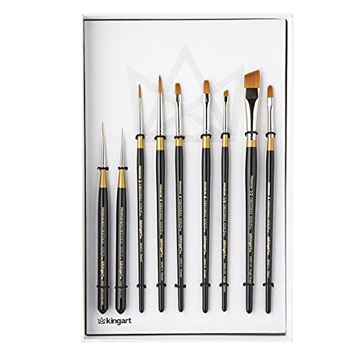 KINGART Original Golden TAKLON Teachers Gift Box-Set of 9 Paint Brush Set, Assorted, Black, Gold, Silver