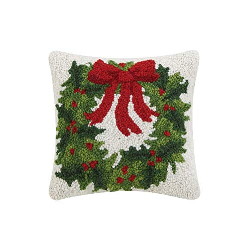 Peking Handicraft 31TG845C10SQ Holiday Wreath Hook Pillow, Poly Filled, 10-inch Square, Wool and Cotton