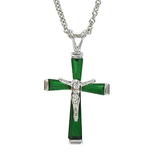 True Faith Jewelry Sterling Silver May Birthstone Crystal Crucifix Cross Pendant Necklace, 1 1/8 Inch