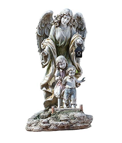 Roman Joseph's Studio Guardian Angel with Children Solar Garden Statue, 20.5-Inch, Made of Resin Stone