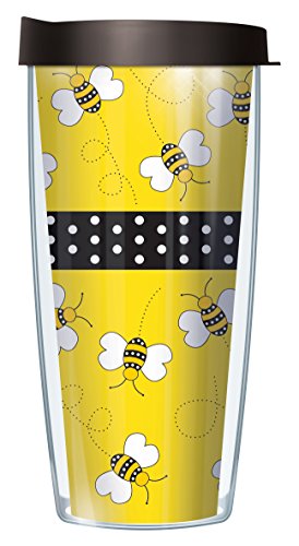 Freeheart Signature Tumblers Playful Polka Dot Bees WraponYellow 16 Ounce Double-Walled Travel Tumbler Mug with Black Easy Sip Lid