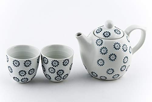 FMC Fuji Merchandise Japanese Kiku Chrysanthemum Ceramic Tea Pot with Strainer and Easy Pour Side Handle and 2 Tea Cups Set