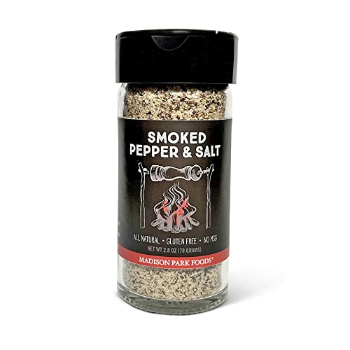 Hickory Smoked Butcher Ground Tellicherry Peppercorns - Gourmet Sea Salt Premium Chef Seasoning Grill, Stove, Table - The Perfect Taste; All Natural Gluten Free No MSG, Madison Park Foods 2.8 Ounce