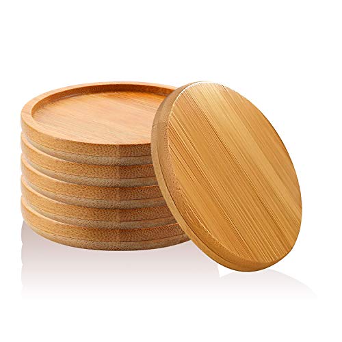 T4U 2.5 Inch Planter Pot Bamboo Saucer Round Set of 6, Succulent Pot Holder Drainage Tray for Most Small Ceramic Succulent Planters Holding Drainage Water