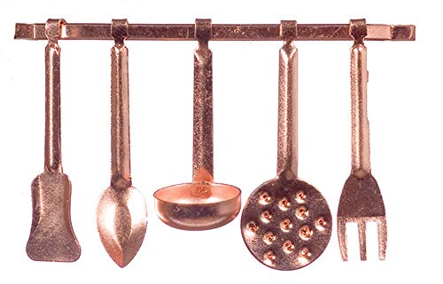 Aztec Imports Dolls House Miniature Kitchen Accessory Copper Hanging Utensils & Rack 5055