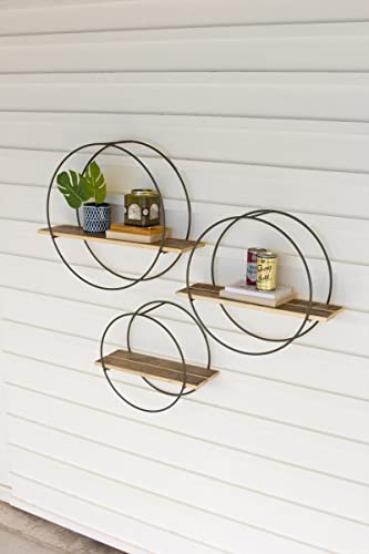 KALALOU CQ7488 Set of Three Recycled Wood Shelves with Round Metal Frames