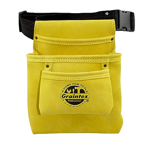 GRAINTEX SS2309 3 Pocket Nail & Tool Pouch Yellow Color Suede Leather with 2‚Äù Webbing Belt for Constructors, Electricians, Plumbers, Handymen