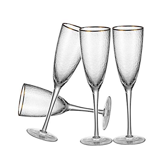 EVEREST GLOBAL Gold Rim Hammered Champagne Flutes set of 4, 8.0 oz Home Use Novelty Glasses Vintage Old Fashion any Occasion