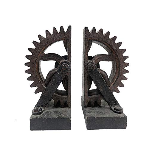 Comfy Hour Farmhouse Home Decor Collection Resin Set 2 Wheel Gear Bookends Art Bookends Solid Heavy Weight, Brown & Black