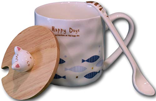 FMC Fuji Merchandise Happy Days Ceramic Blue Fish Mug with Matching Cat Knob Wooden Lid & Cute Cat Tail Stirring Spoon