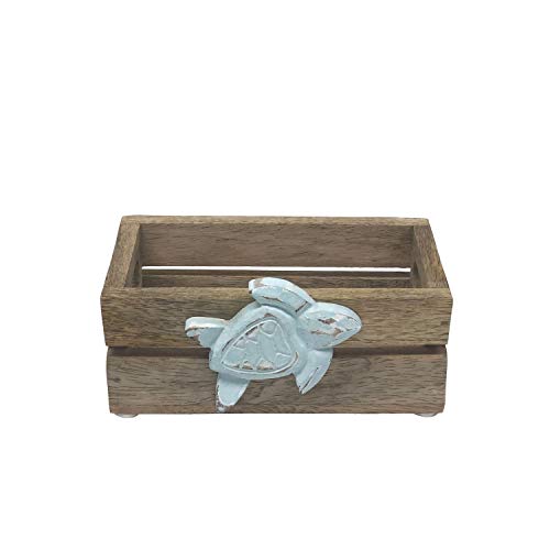 Beachcombers B22300 White Washed Turquoise Turtle Mini Wood Crate, 6-inches Length