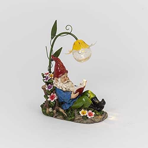 Gerson International 2636750 Solar Lighted Metal and Resin Reading Gnome with Crackle Glass Ball, 11.6-inch Height