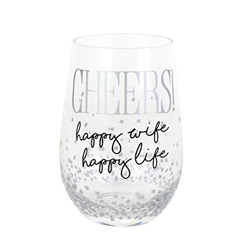 Enesco 6006156 Our Name is Mud Cheers Wife Happy Life Glittered Stemless Wine Glass, 15 Ounce, Clear