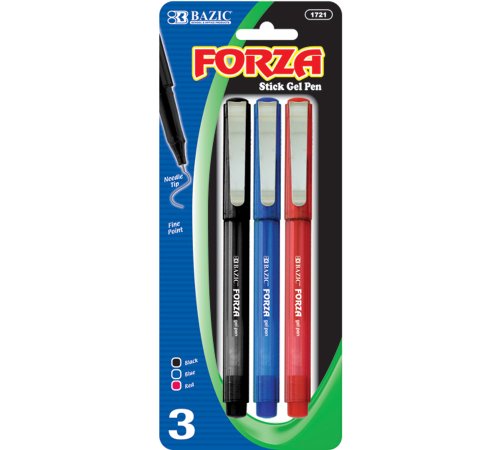 BAZIC Forza Assorted Color Needle Tip Gel Pen with Metal Clip 3 Per Pack,Red/Blue/Black