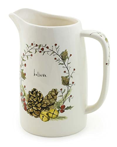 Boston International Holiday Ceramic Drink Pitcher, 5.5 Cups, Pinecones & Bells