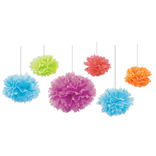 Beistle 6 Piece Tissue Fluff Balls, Assorted Sizes, Multicolor