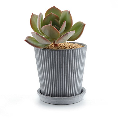 T4U 4 Inch Small Cement Succulent Planter Pot with Saucer, Modern Line Handicraft as Gift for Mom Sister Aunt Best for Home Office Restaurant Table Desk Window Sill Decoration