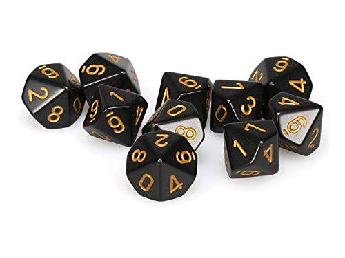 Chessex 25228 Opaque d10s Dice, Set of 10, Black and Gold