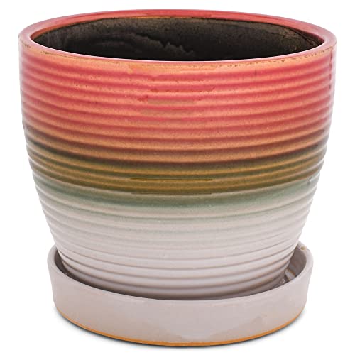 Napco Ribbed Gradient Red, Brown, and Green 4 Inch Ceramic Flower Pot Planter with Saucer, Red, Brown, Green, and White