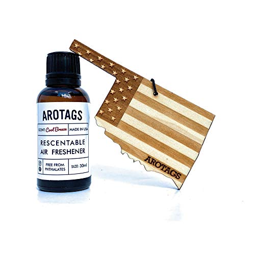 Arotags Oklahoma Patriot Wooden Car Air Freshener - Long Lasting Cool Breeze Scent Diffuses for 365+ Days - Includes Hanging Mirror Diffuser and Fragrance Oil - 100% American Made