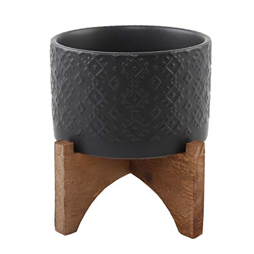 Flora Bunda Mid Century 5 inch Indian Ceramic Planter ON Wood Stand, Matte Black