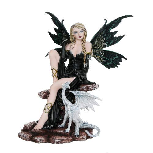 Pacific Trading Giftware Large Fantasy Fairy with Black Dragon Figurine Fairyland Legends Decorative Statue 17.5 Inch H