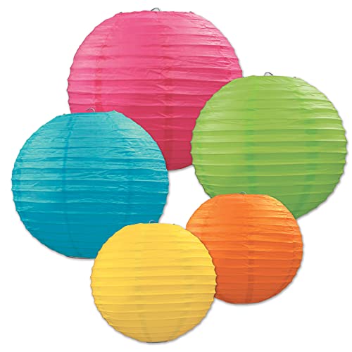 Beistle 5 Piece Assorted Colors Paper Lanterns For Birthday Party Decorations, Wedding Receptions, Cinco De Mayo Celebrations, 6"-9.5"