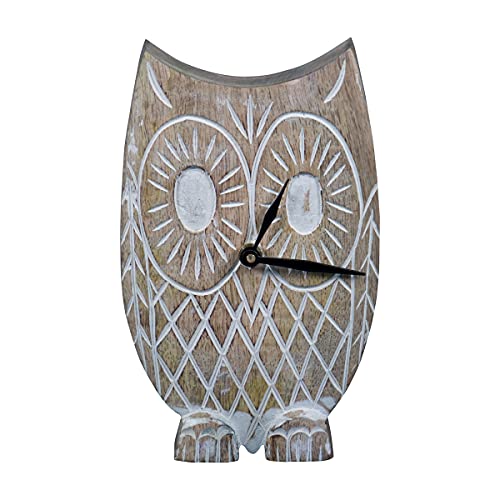 Foreside Home & Garden Handcarved White Wood Battery Operated Owl Table Clock, Natural