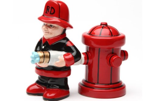 Pacific Trading Fireman with Hose and Hydrant 4 Inch Ceramic Magnetic Salt and Pepper Shaker Set Novelty Gift