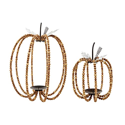 Mud Pie Beaded Pumpkin Lantern Set, Small 8 1/2" x 7" | Large 11 1/2" x 9", 1 1,Brown