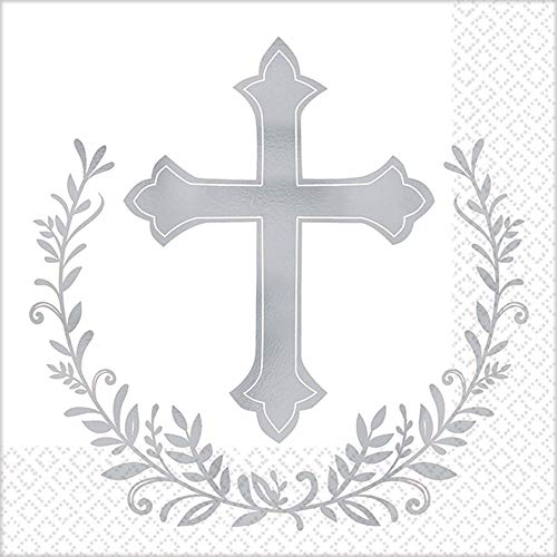 Amscan 50777739 Cross Beverage Napkins Hot-Stamped, 5-inch, White