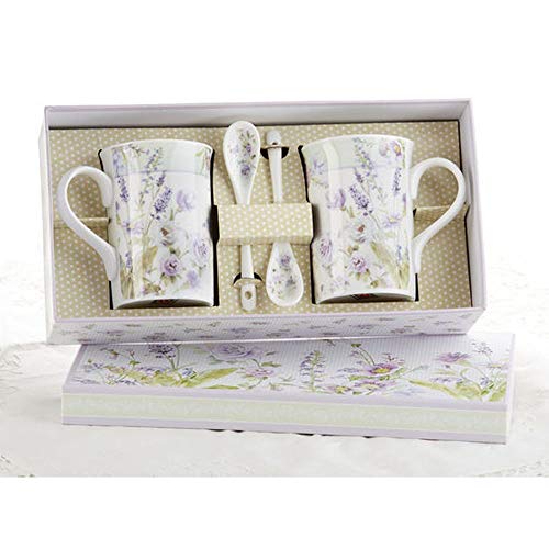 Delton Porcelain Mug/Spoon Set for 2, Lavender Rose